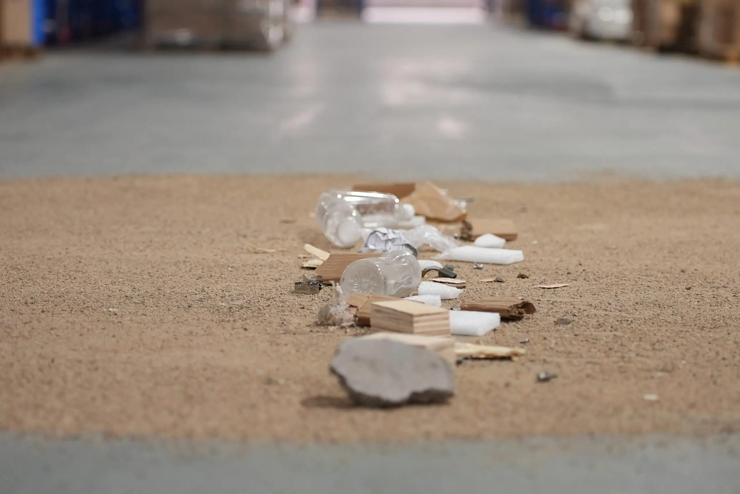 Gausium Beetle robot di pulizia industriale raccogliendo detriti su un piano di magazzino